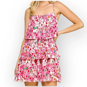 TCEC Pleated Tiered Circle Print Mini Dress Spaghetti Strap Pink Red White M